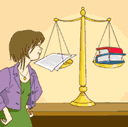 Ilustración de mujer observando una balanza