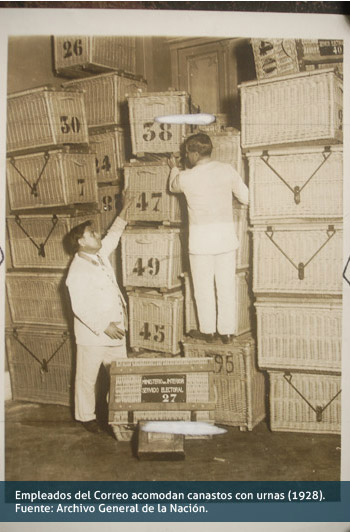 Empleados del Correo acomodan canastos con urnas (1928)