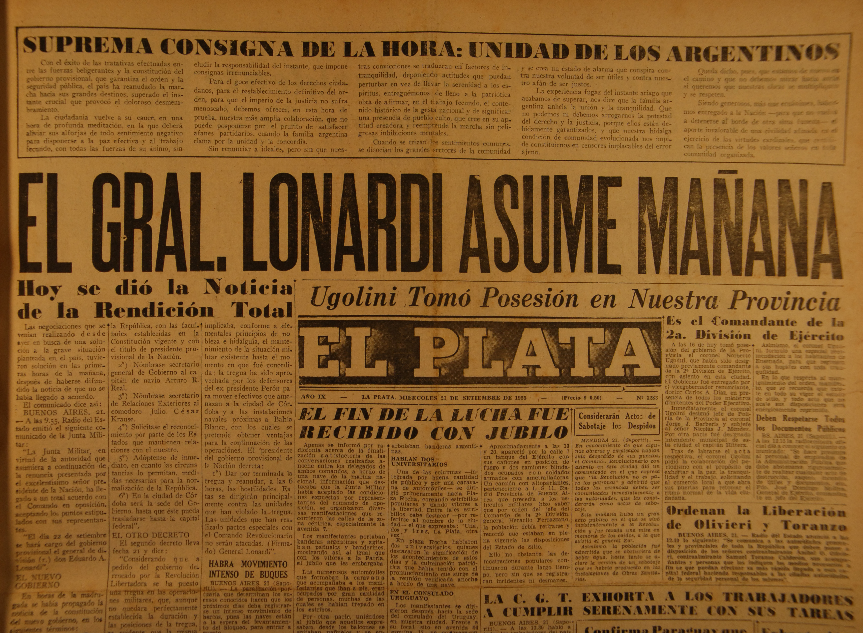 "El General Lonardi asume mañana".