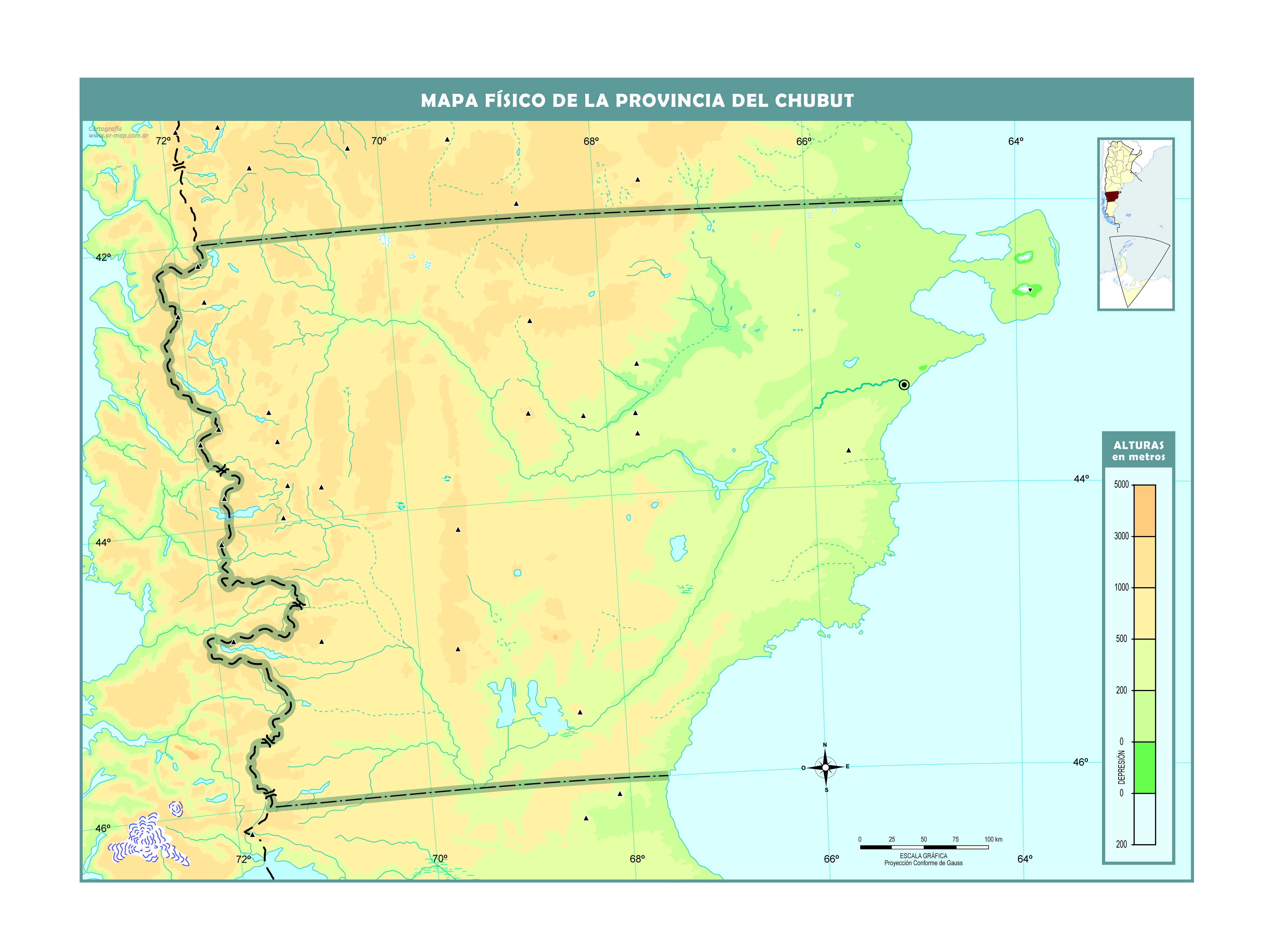 Mapa físico de la provincia de Chubut