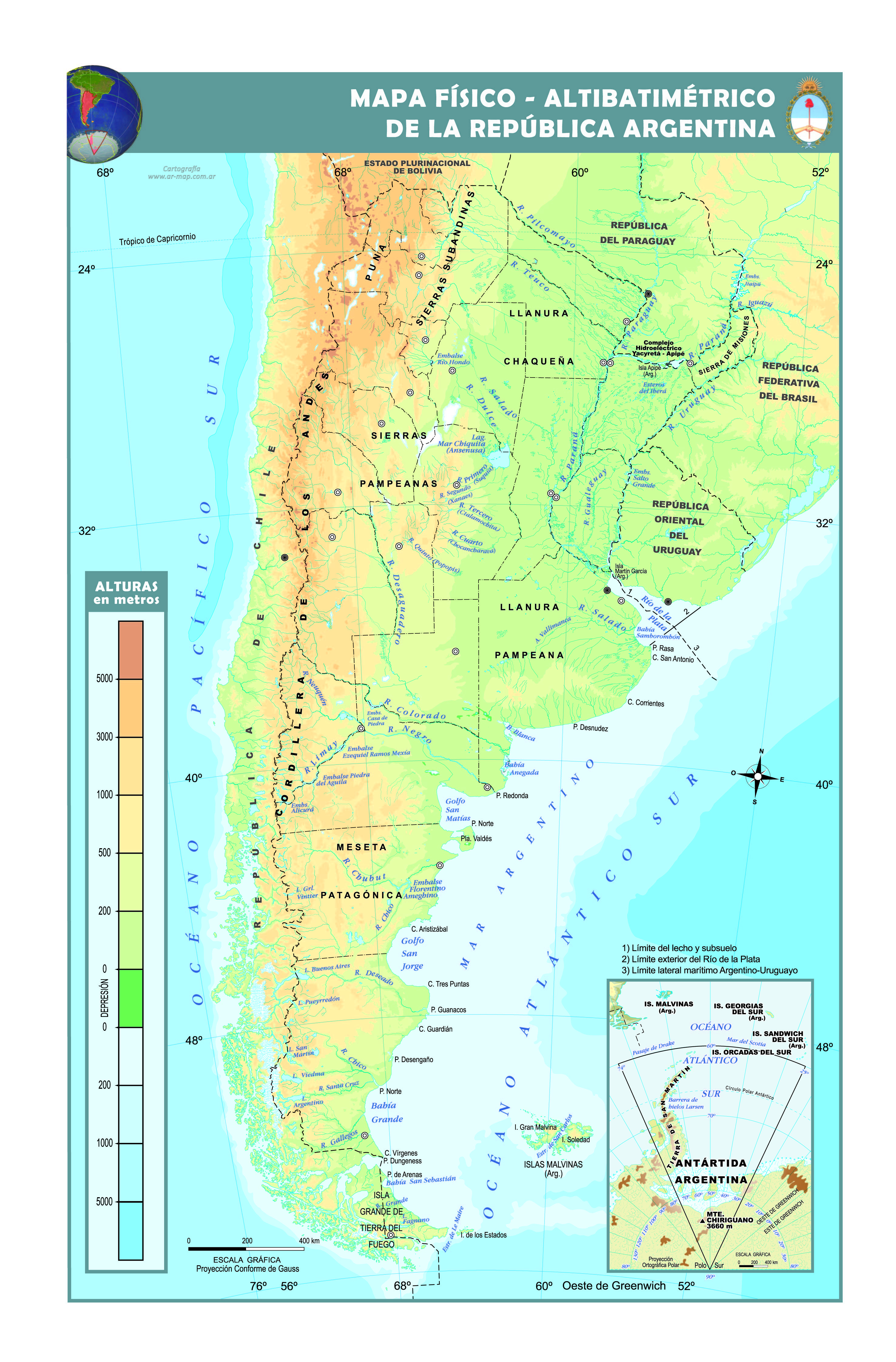 Mapa físico altibamétrico de la República Argentina