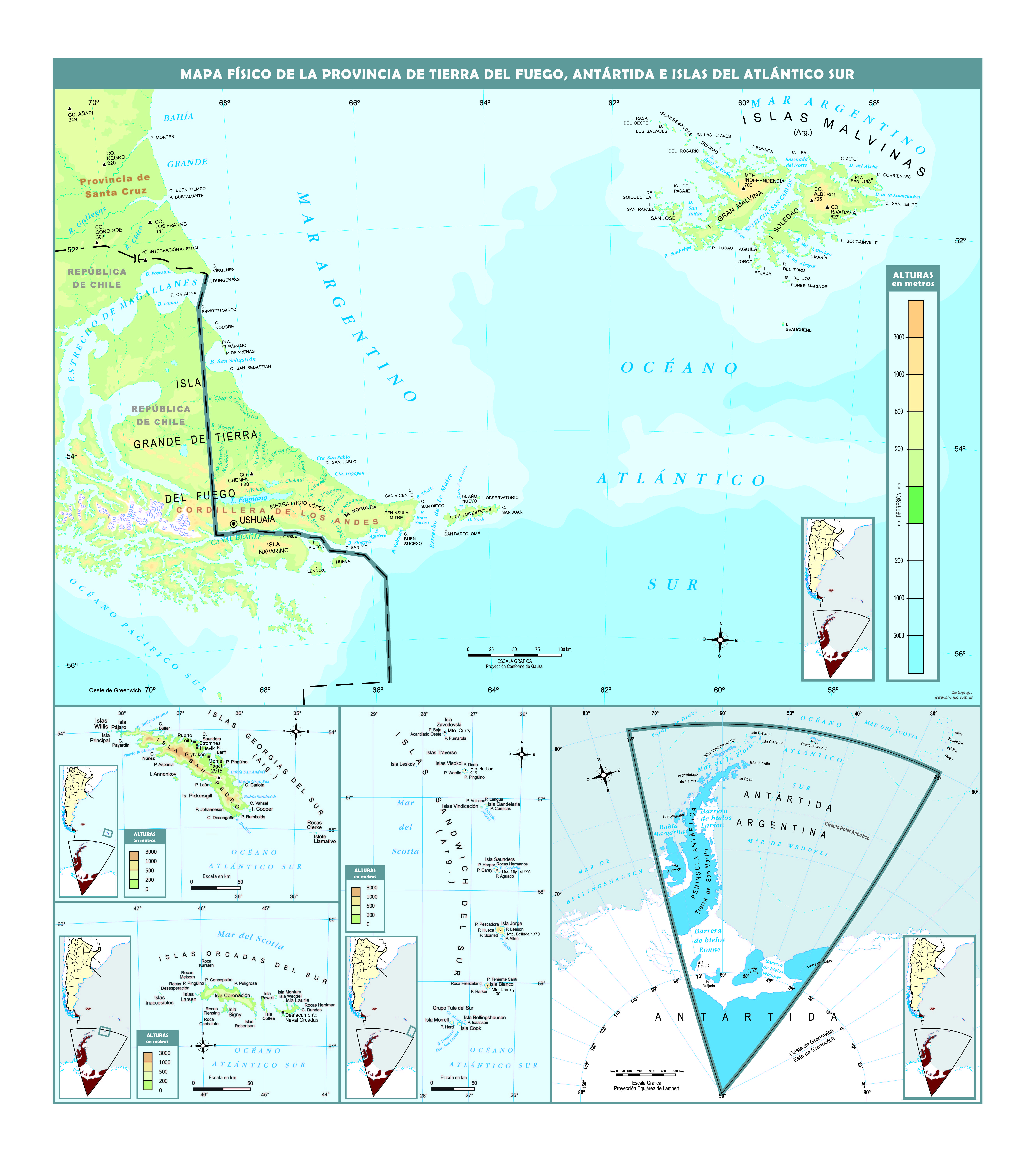Mapa físico de Tierra del Fuego, Antártida e islas del Atlántico Sur