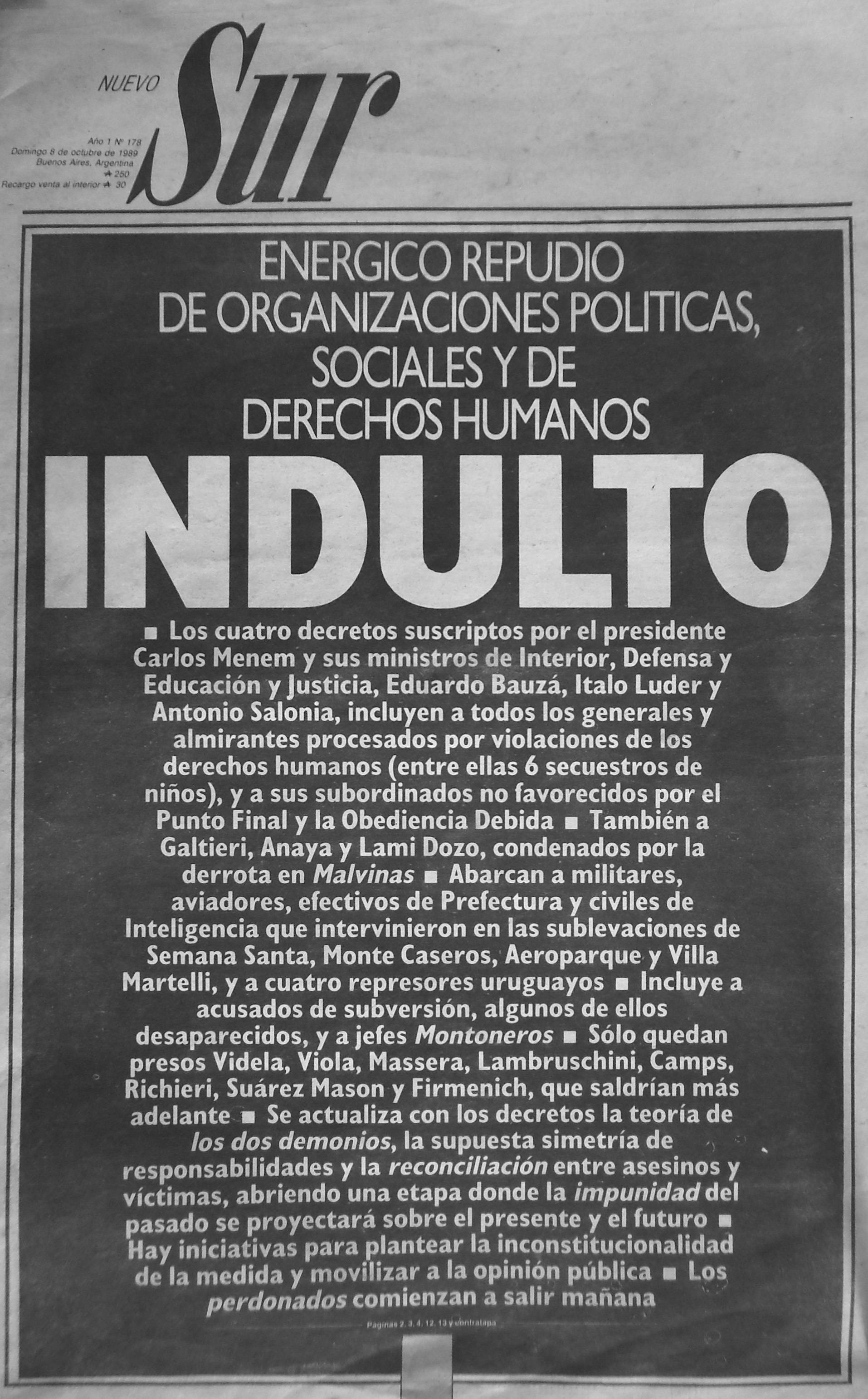 INDULTOS. Diario SUR domingo 8 de octubre de 1989