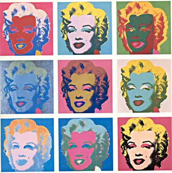 Serie sobre Marilyn Monroe de Andy Warhol. Se repite nueve veces el mismo retrato de ella, pero con diferentes colores.