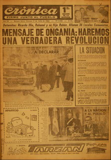 Tapa del diario Crónica del 1 de julio de 1966: Mensaje de Onganía: haremos una verdadera revolución