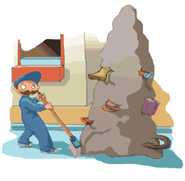 Ilustración de hombre barriendo una montaña de basura