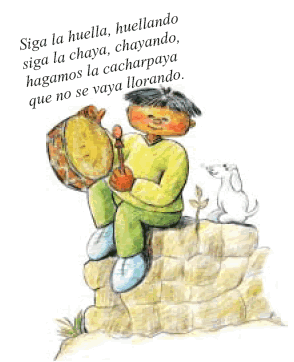 Pibe con bombo recita 'Siga la huella, huellando siga la chaya, chayando, hagamos la cacharpaya que no se vaya llorando'