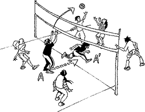 Ilustración del juego "pasar la pelota y correr"