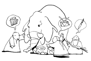 Ilustración de los tres sabios y el elefante