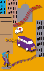 Dibujo de una ciudad con una ambulancia, una camioneta y un hombre taladrando