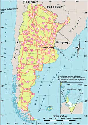 Mapa de la Argentina con red de rutas nacionales