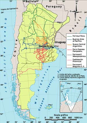 Mapa de la Argentina con red de ferrocarriles de carga