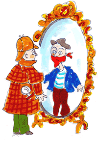 Dibujo de detective mirndose en el espejo, sorprendido por ver la imagen de un ladrn reflejada