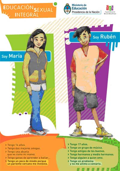 un dibujo de un chico y una chica con su mínima biografía. Destacados: María tiene miedo porque un pariente la molesta. Rubén tiene un problema que no se anima a contar