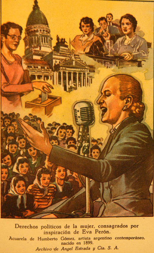 Libros de primaria. "Derechos políticos de la mujer, consagrados por inspiración de Eva Perón."