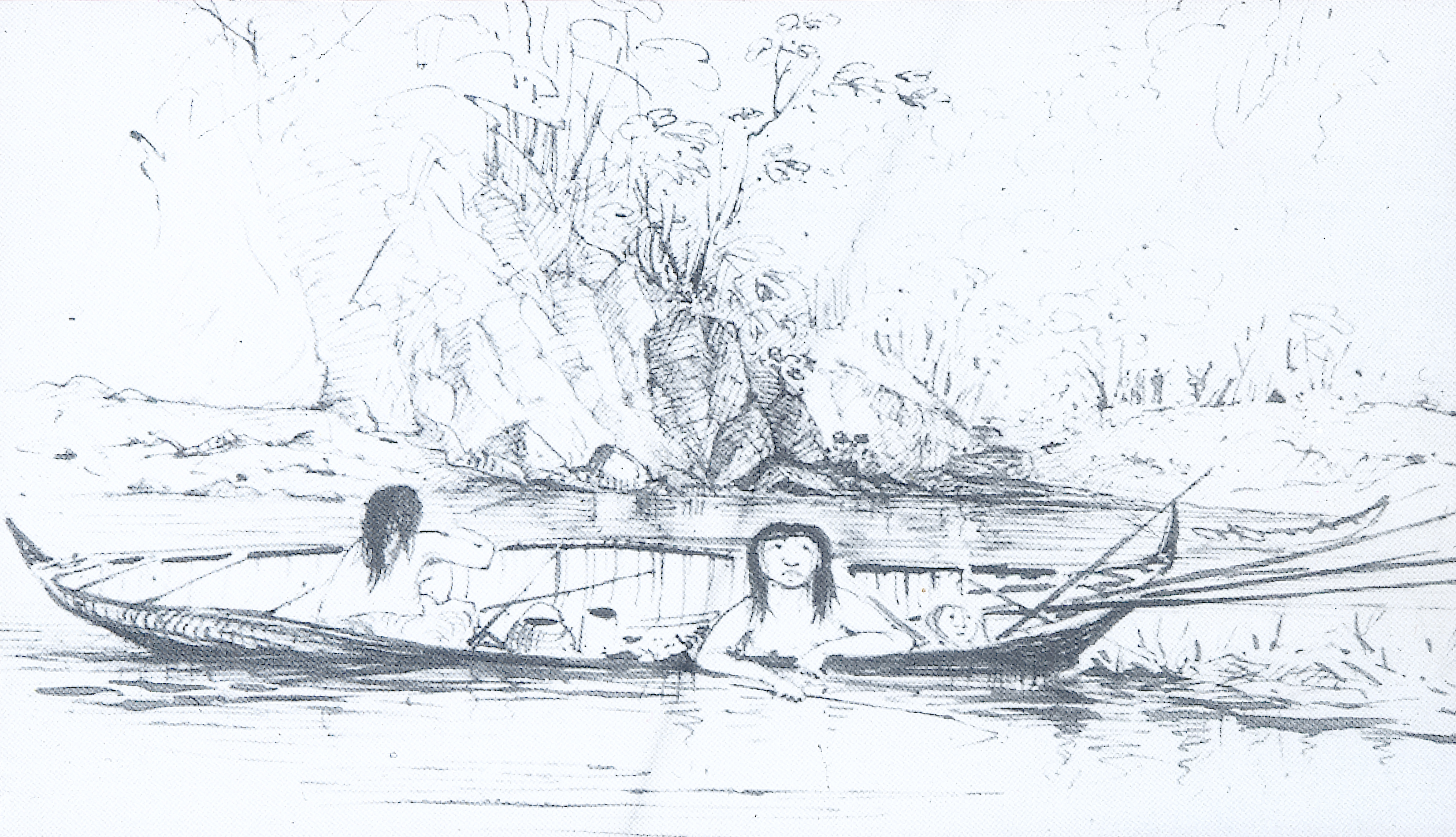 Fueguinos en una canoa pescando