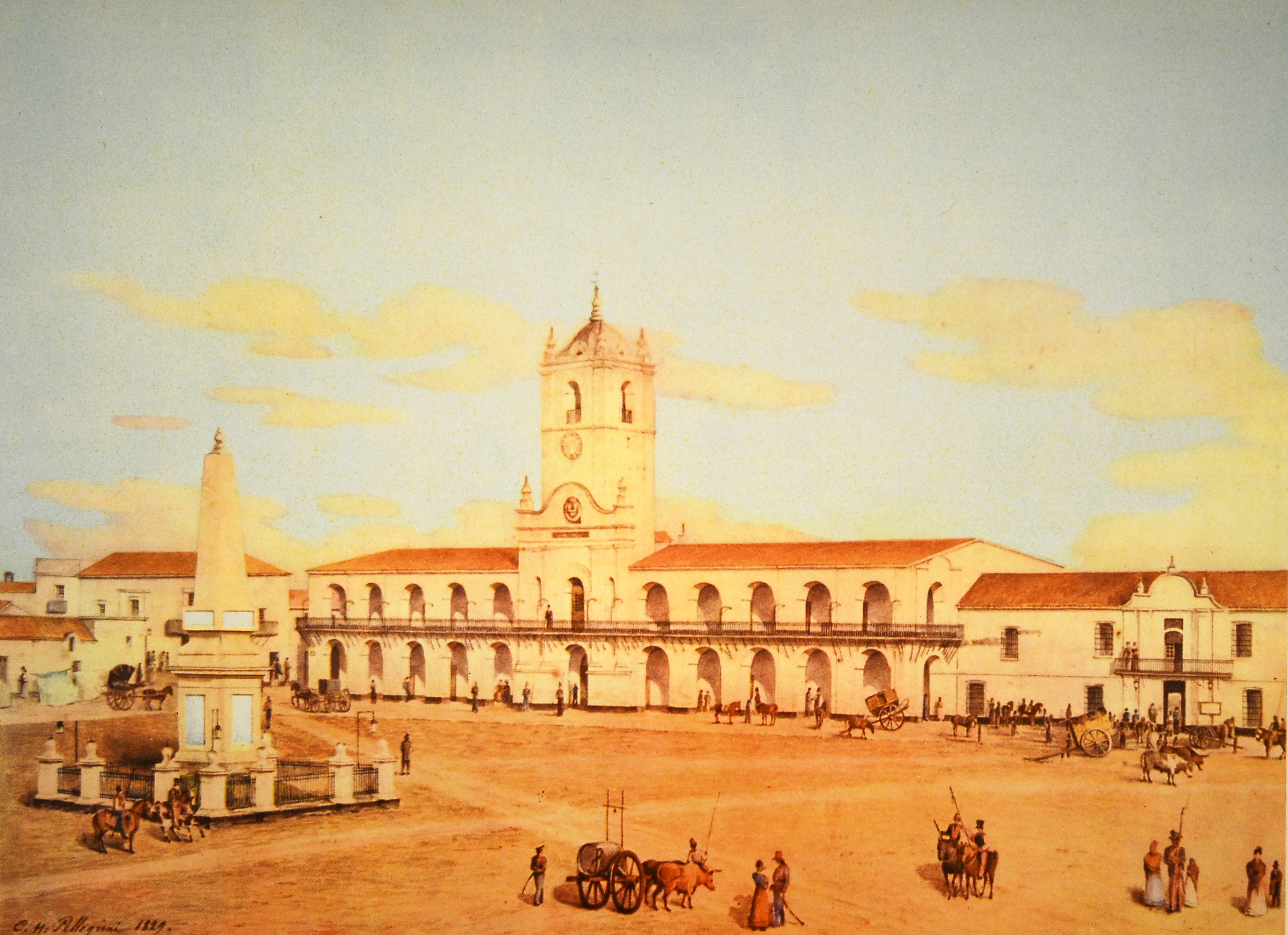 Cabildo, Pirámide y Policía. Acuarela de Pellegrini