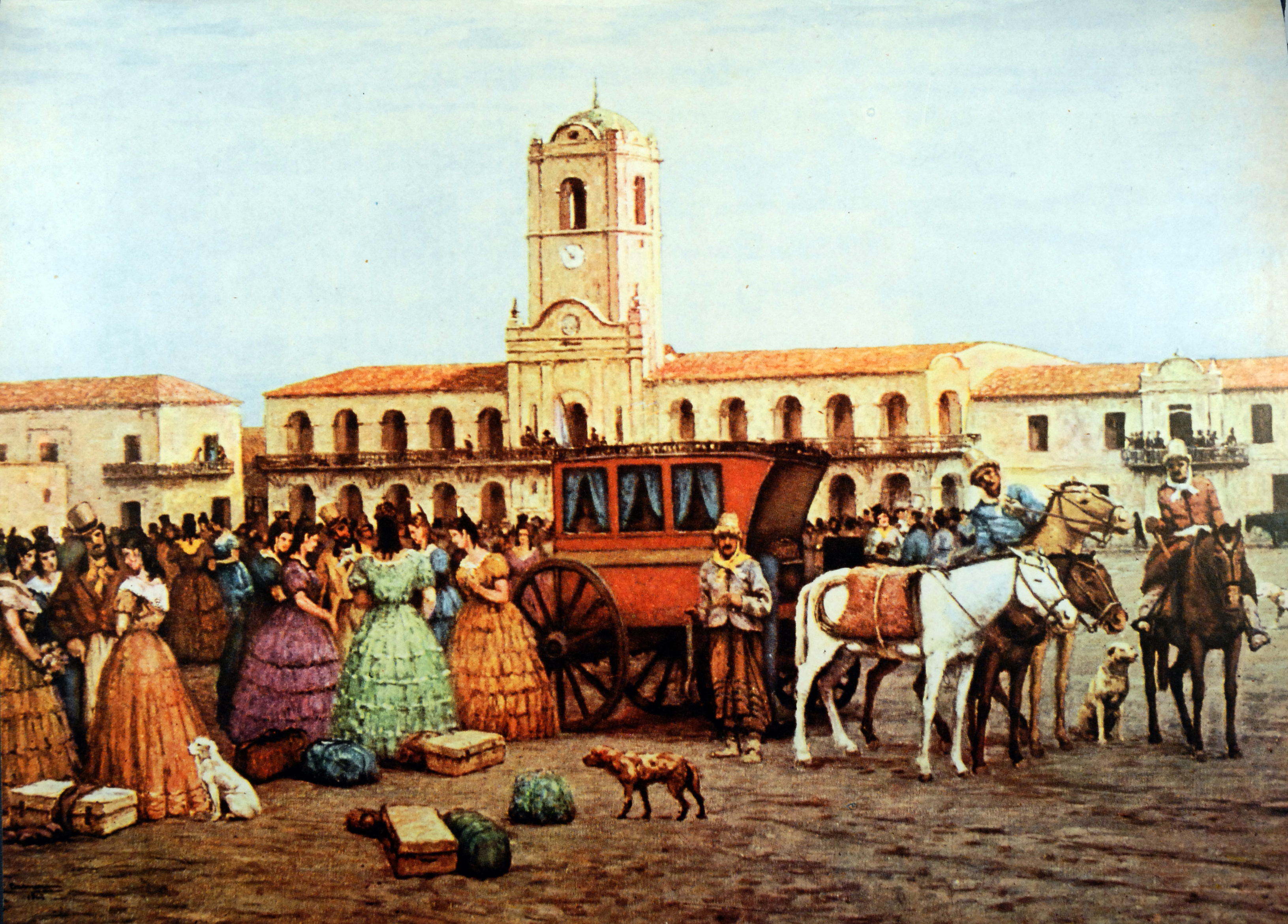 La diligencia frente al Cabildo en la Plaza de la Victoria. Autor Carnacini