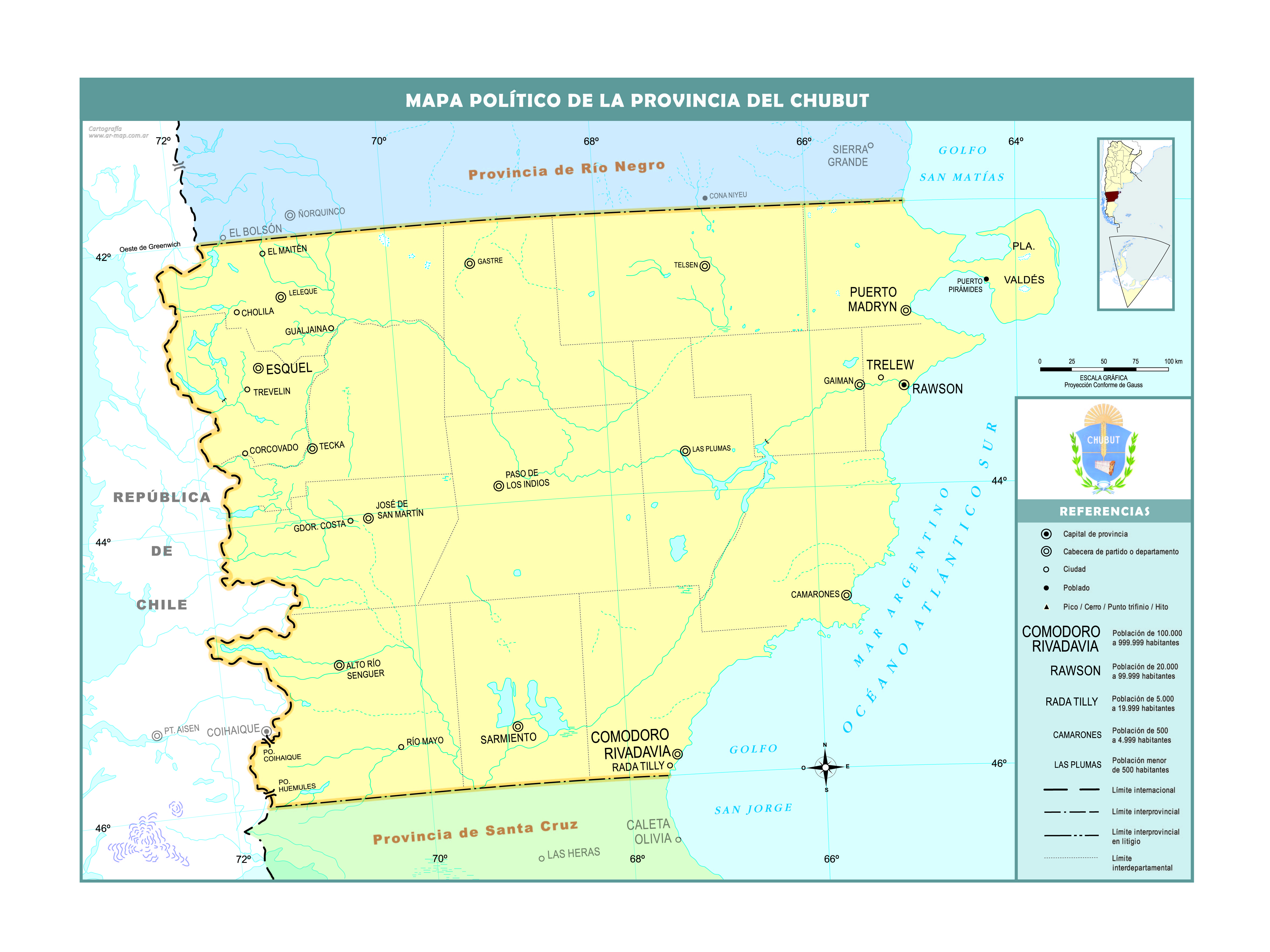 Mapa político de la provincia de Chubut