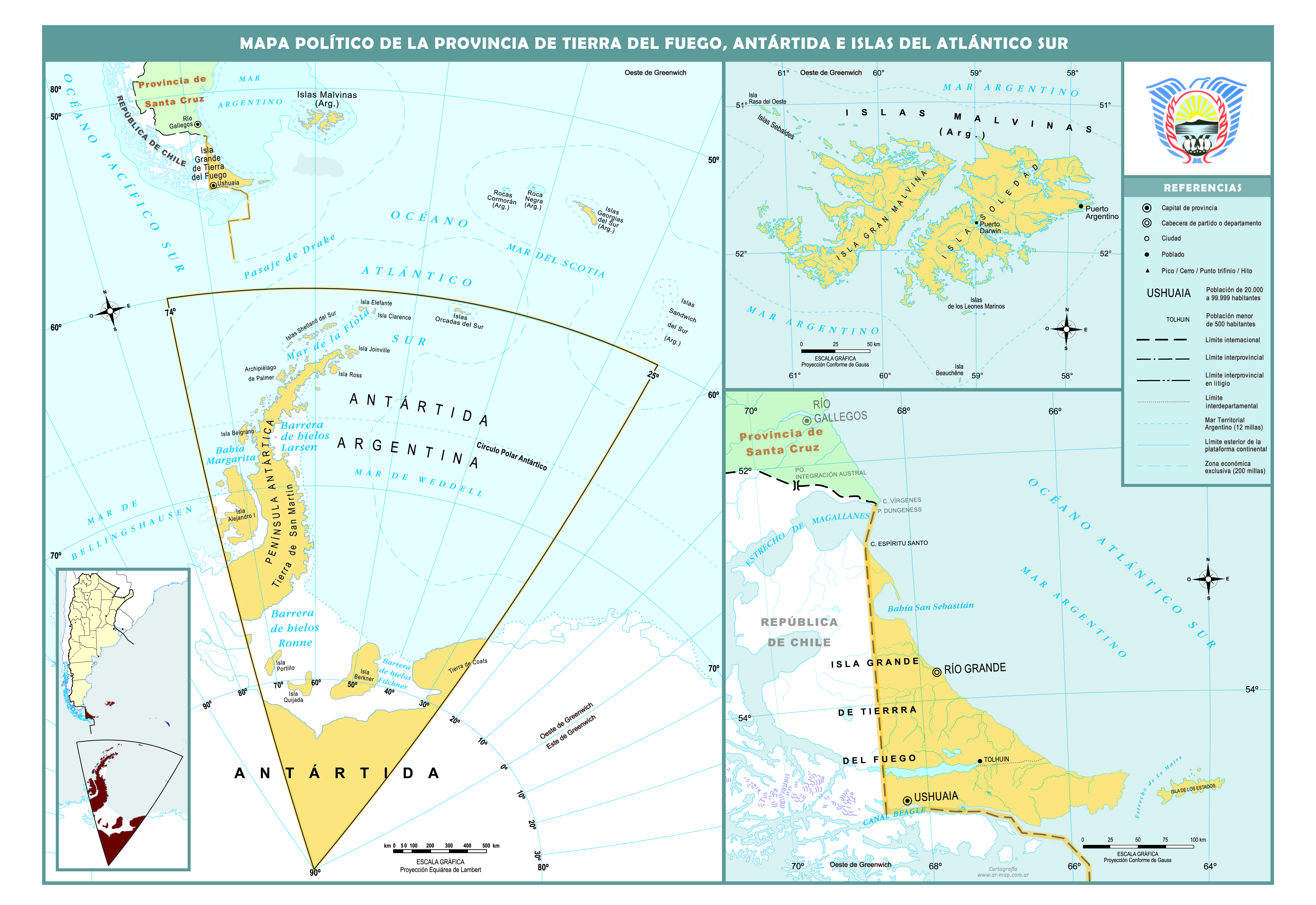 Mapa político de la provincia de Tierra del Fuego, Antártida e islas del Atlántico Sur