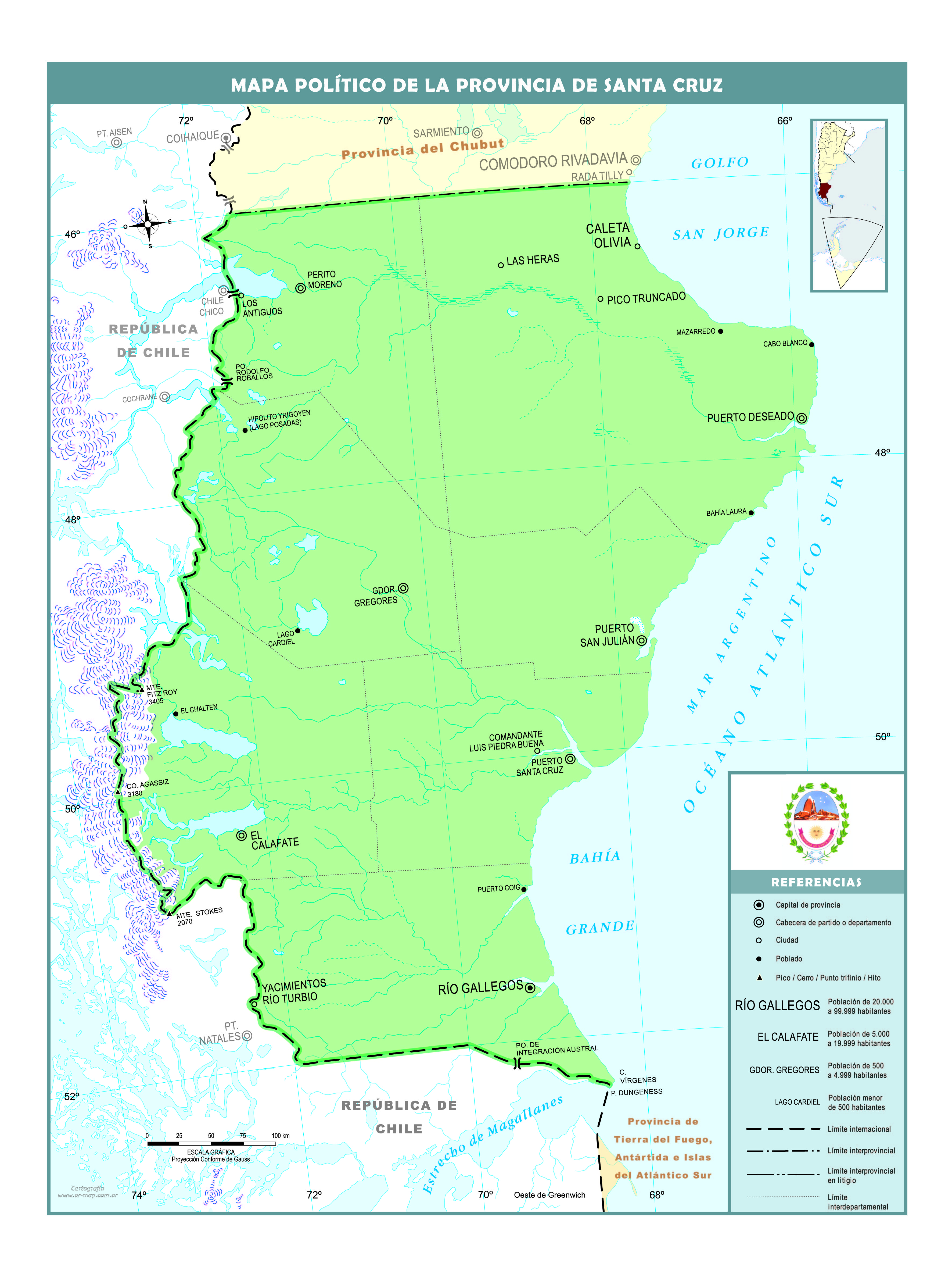 Mapa político de la provincia de Santa Cruz