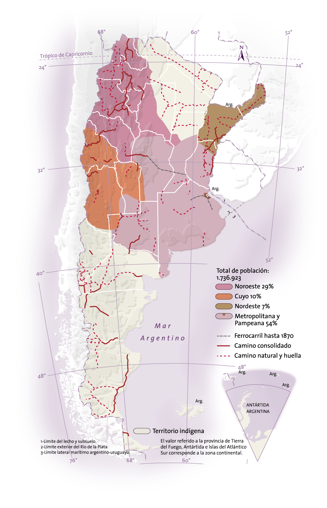 La República Argentina hacia 1870: distribución de la población censada, redes viales y ferroviarias