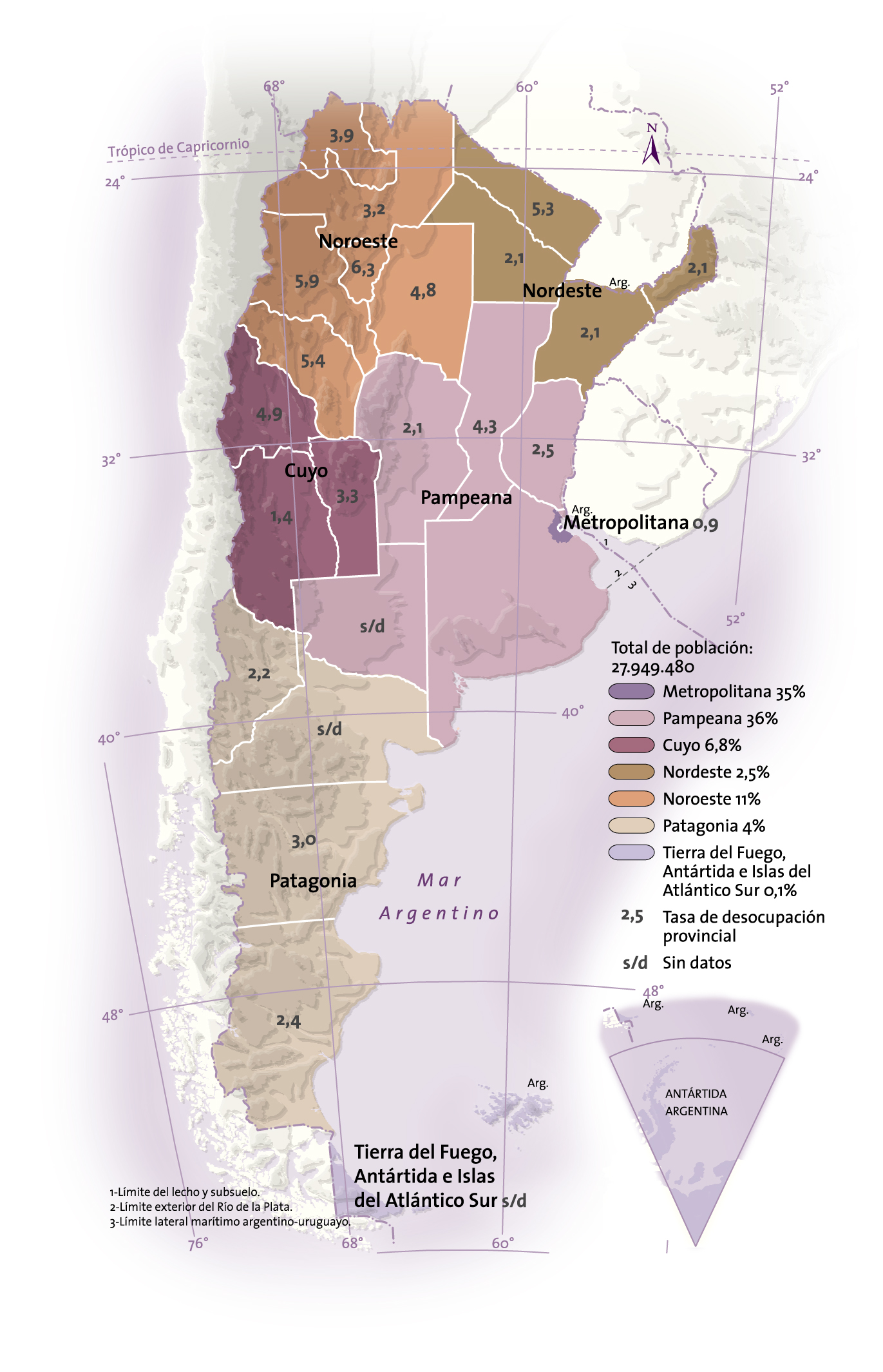 La Argentina: distribución de la población por regiones (en porcentajes) y tasa de desocupación en principales aglomerados urbanos