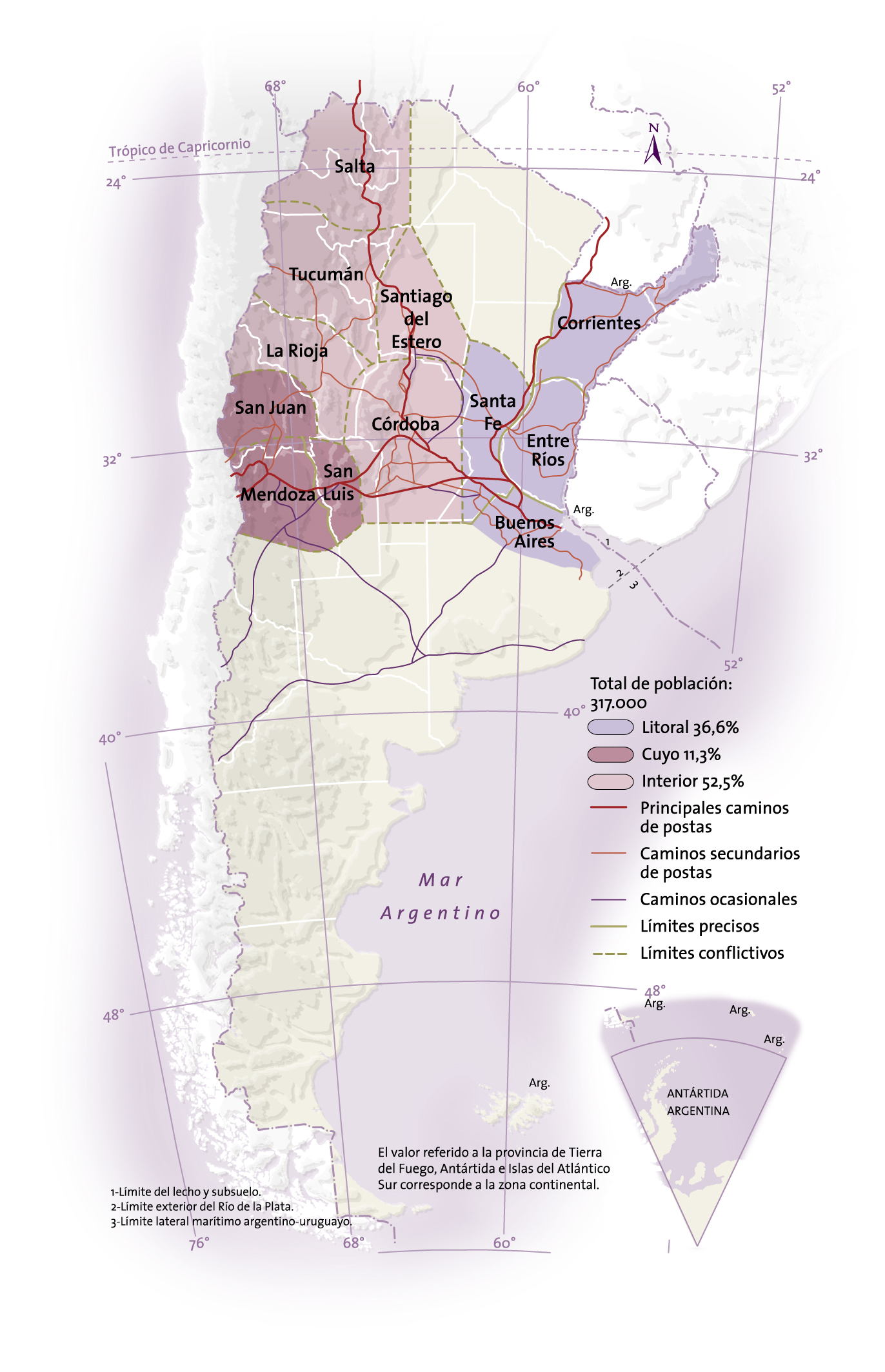 El territorio rioplatense hacia 1820, distribución e la población y redes viales