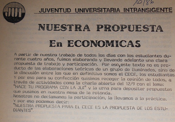 Volante de la Juventud Universitaria Intransigente, octubre de 1986.