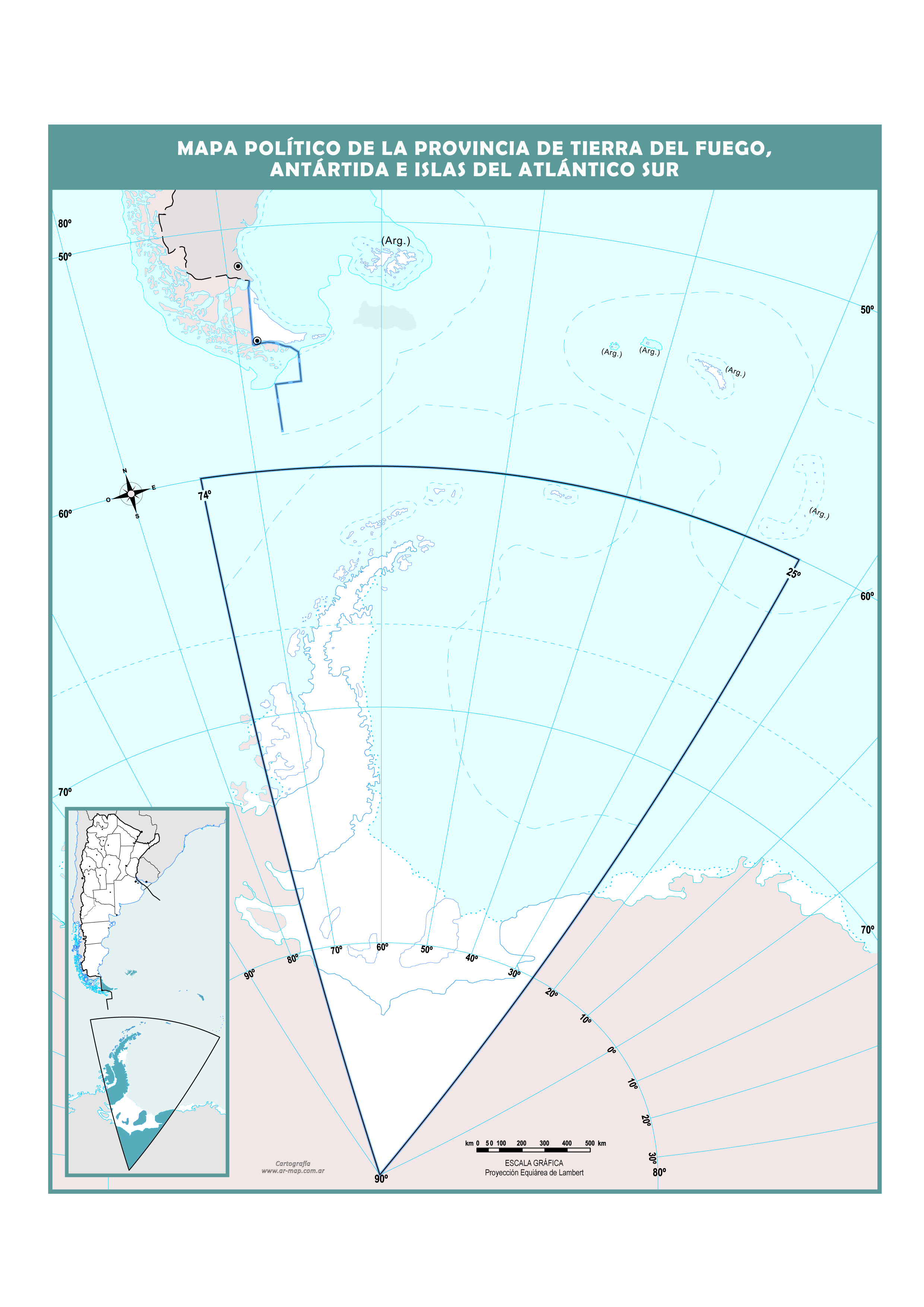 Mapa mudo político de Tierra del Fuego, Anártida e islas del Atlántico Sur