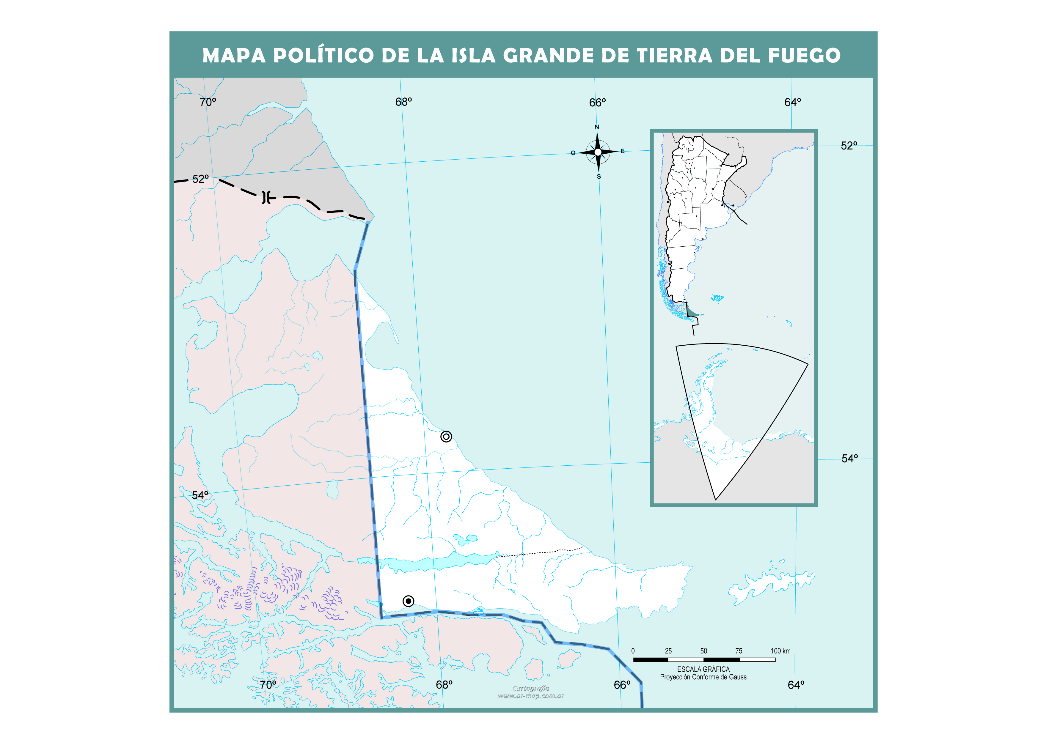 Mapa mudo político de la Isla Grande de Tierra del Fuego
