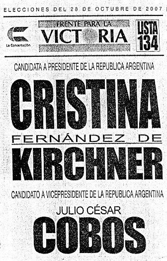 Boleta electoral de los candidatos Kirchner-Cobos