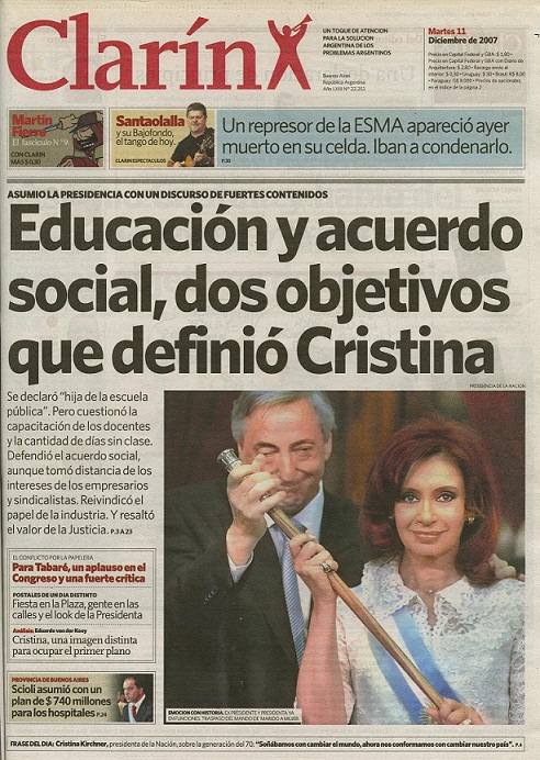 Tapa del diario Clarín, 11/12/2007. 