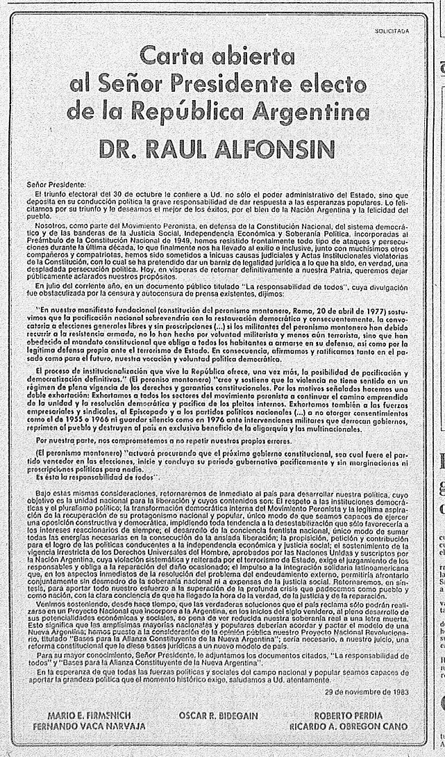 Carta abierta de Firmenich a Alfonsín