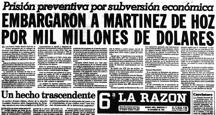 Embargo a Martínez de Hoz, La Razón, 11/12/1985. 