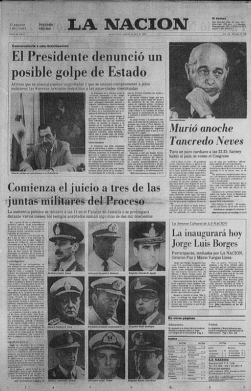 Tapa de La Nación. 22/04/1985.