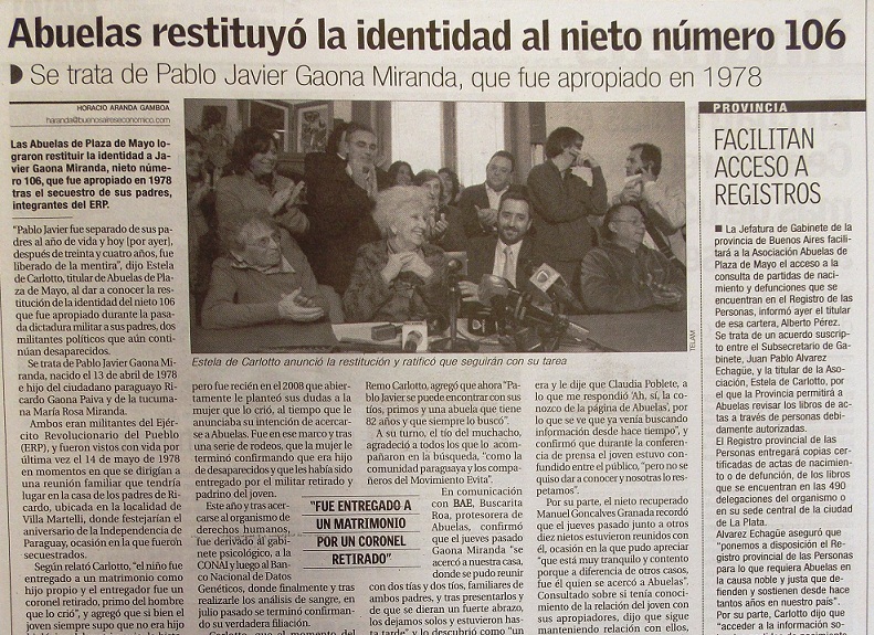 Abuelas restituyó la identidad al nieto 106