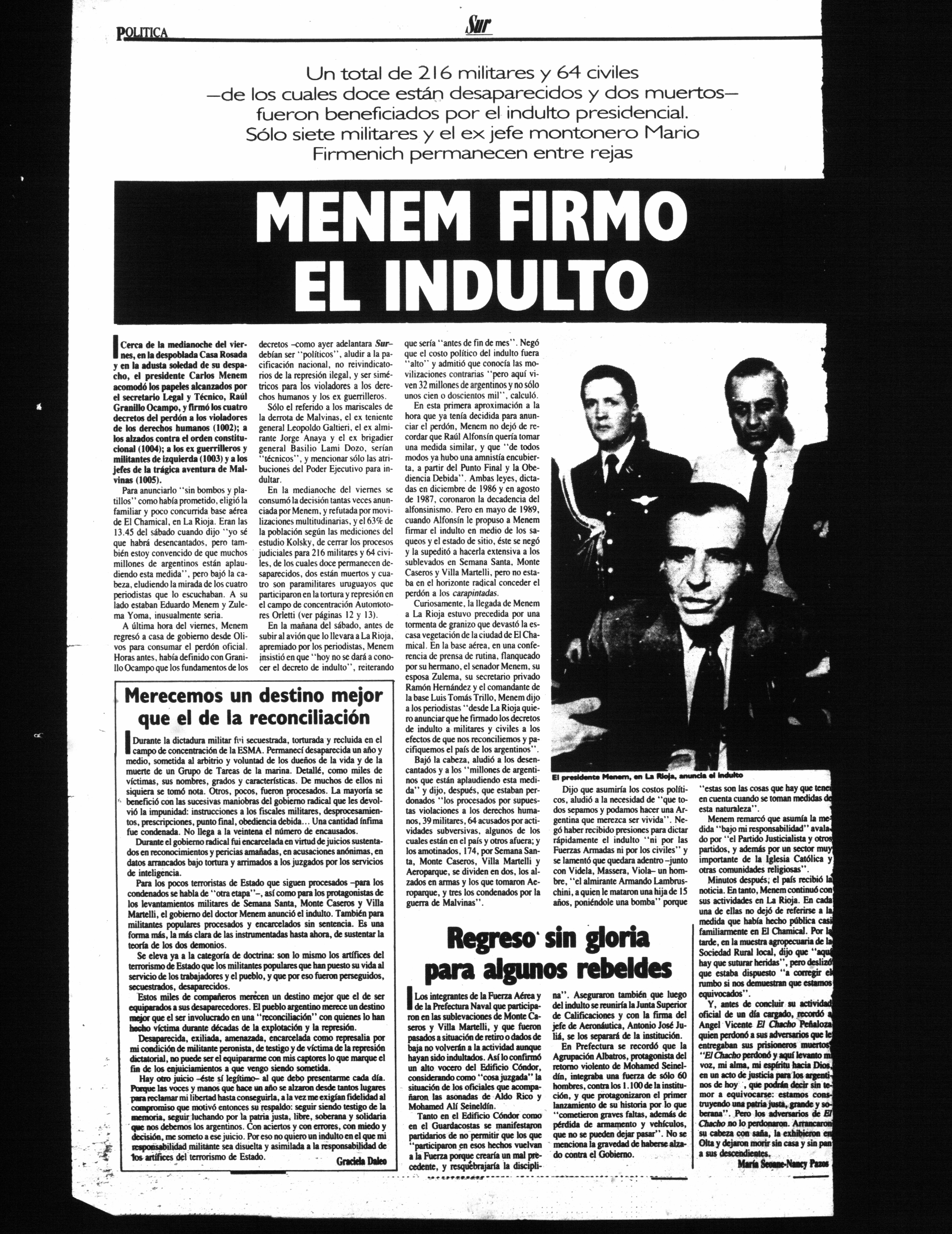 «Menem firmó el indulto»