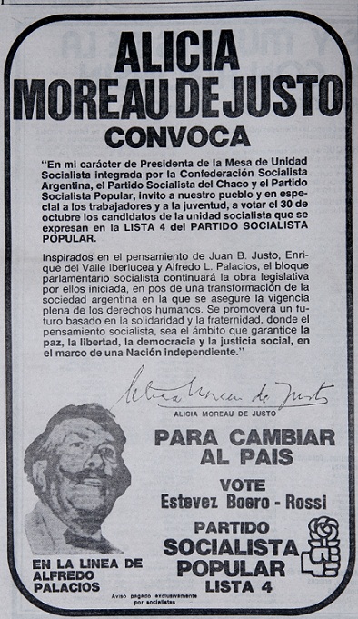 Alicia Moreau de Justo convoca