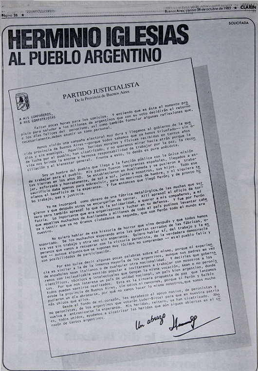 «Herminio Iglesias al pueblo argentino»