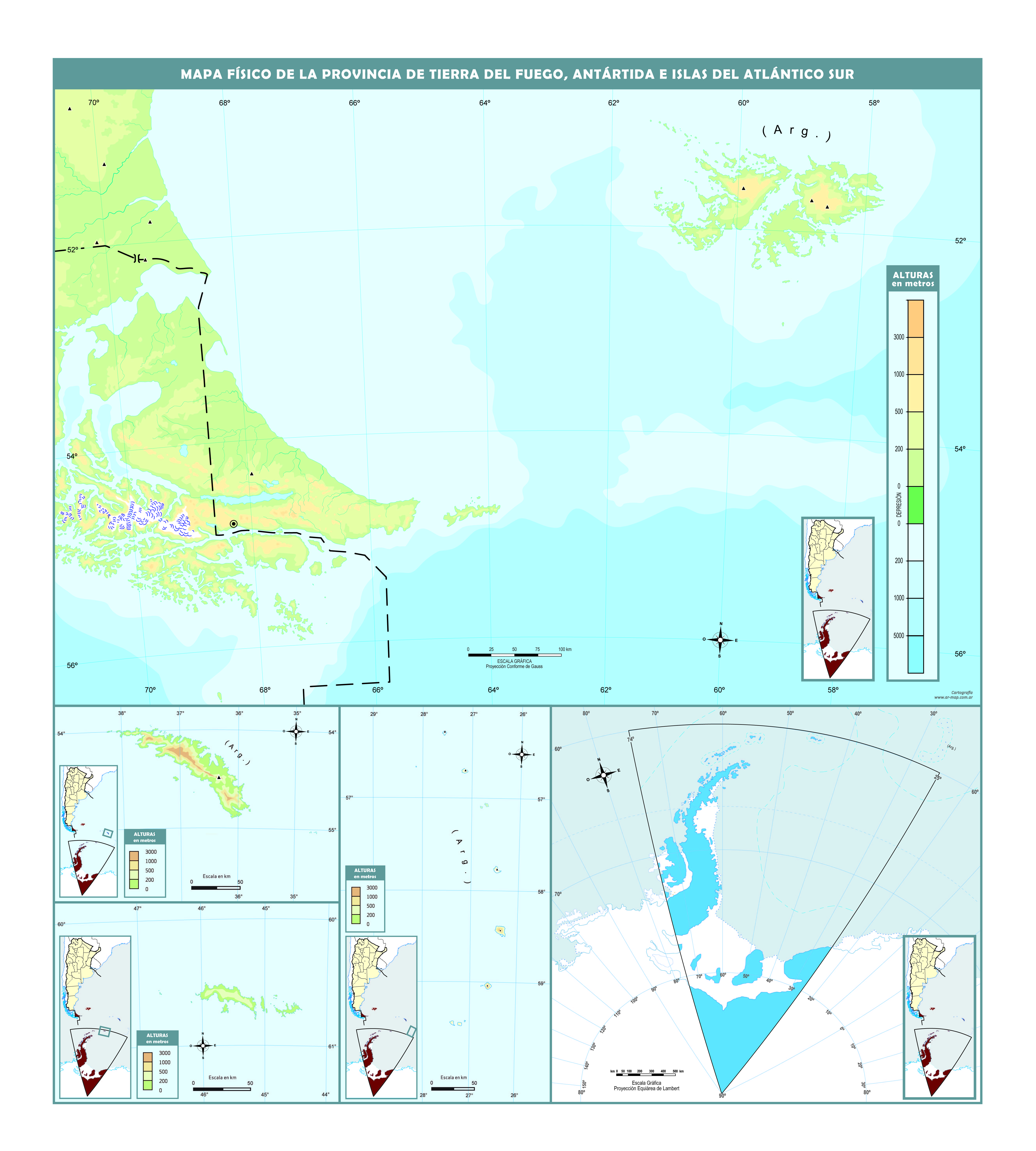 Mapa físico mudo de Tierra del Fuego
