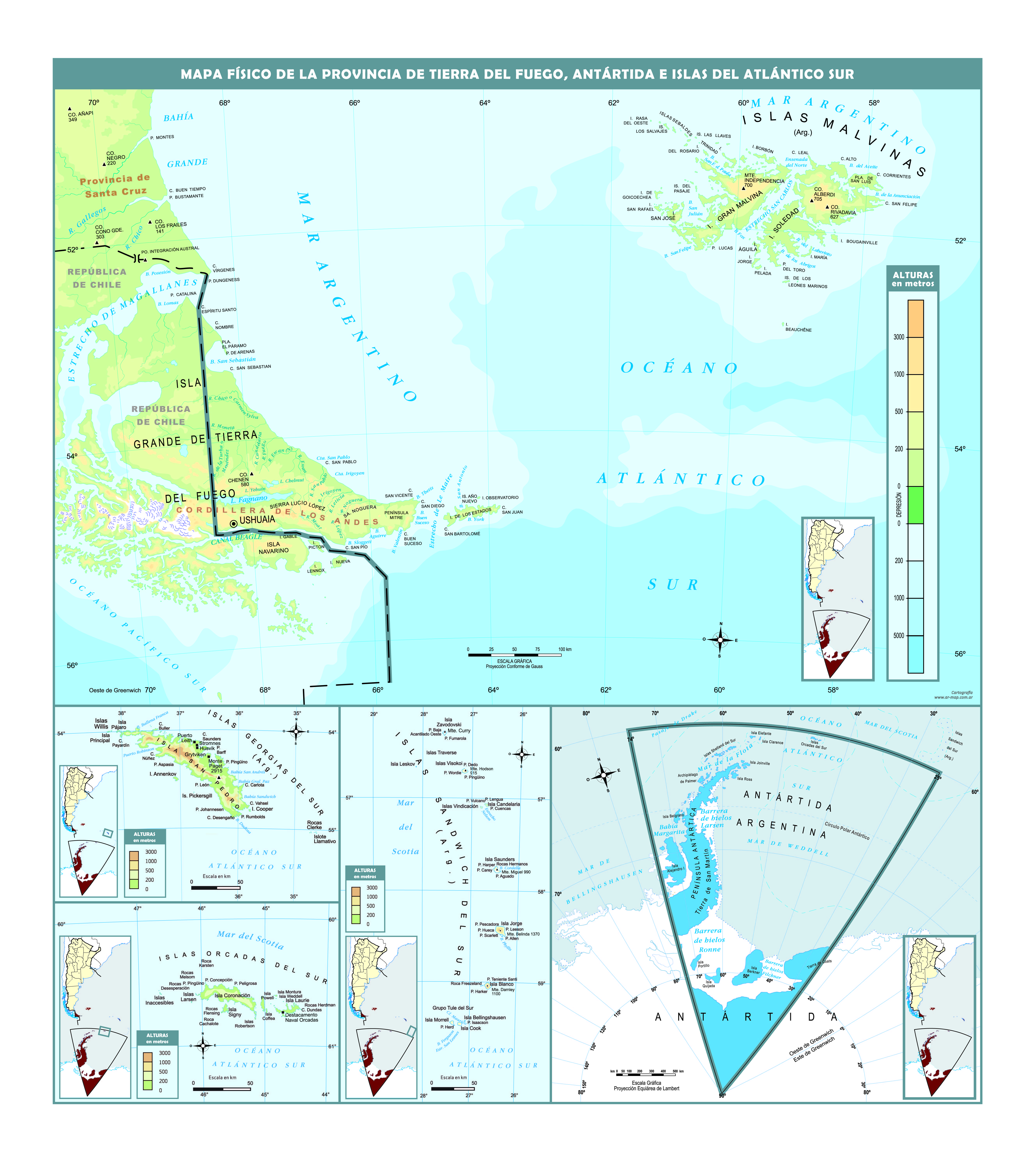 Mapa físico de Tierra del Fuego, Antártida e islas del Atlántico Sur