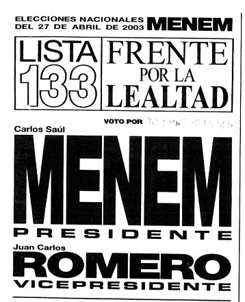 Boleta electoral de Menem-Romero