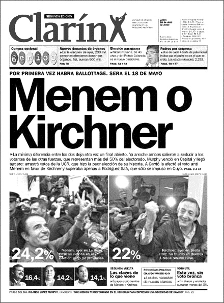 Tapa de Clarín, 28/04/2003.