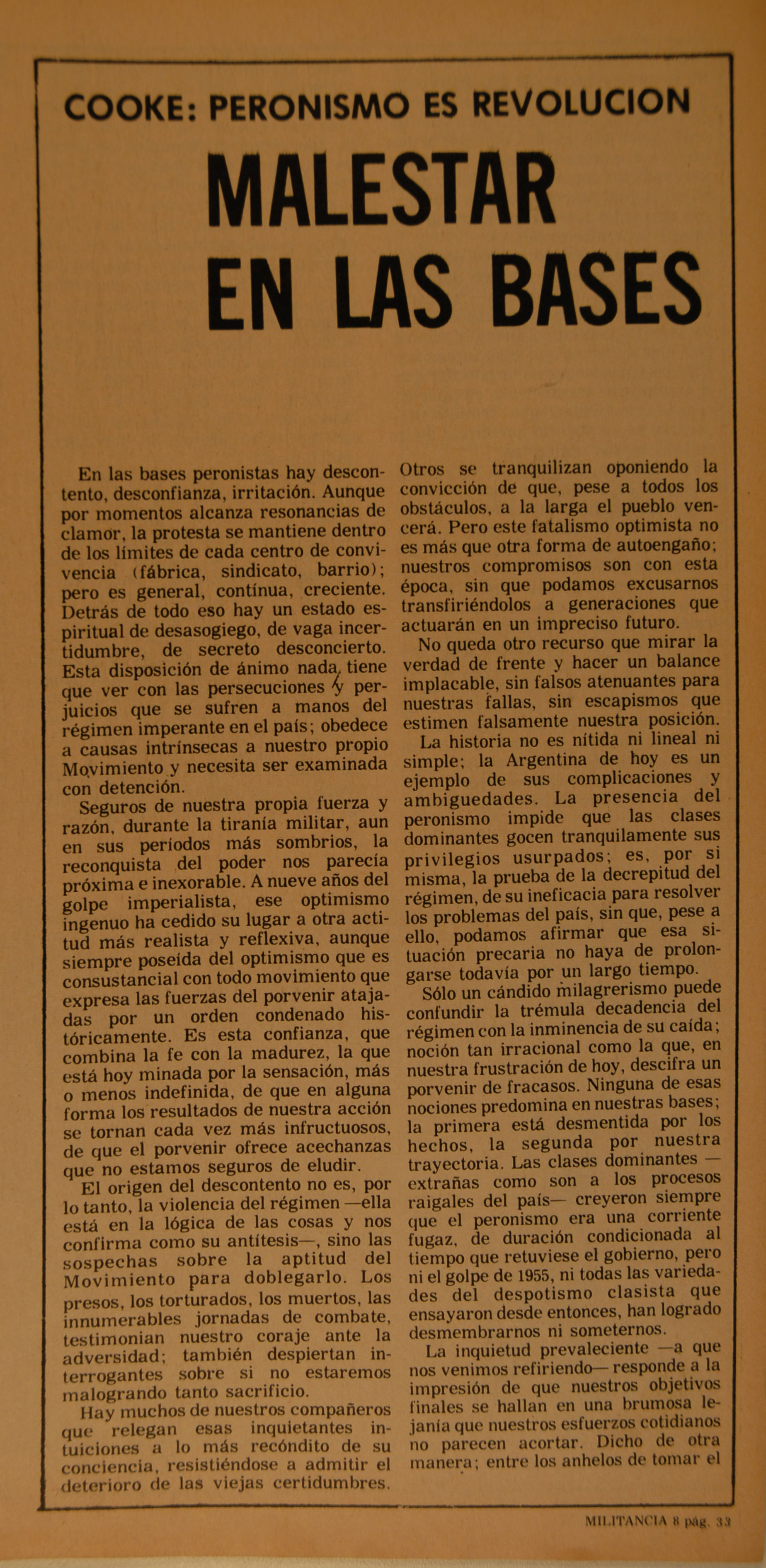 Nota en Militancia, agosto 1973. Peronismo es revolución, J.W. Cooke