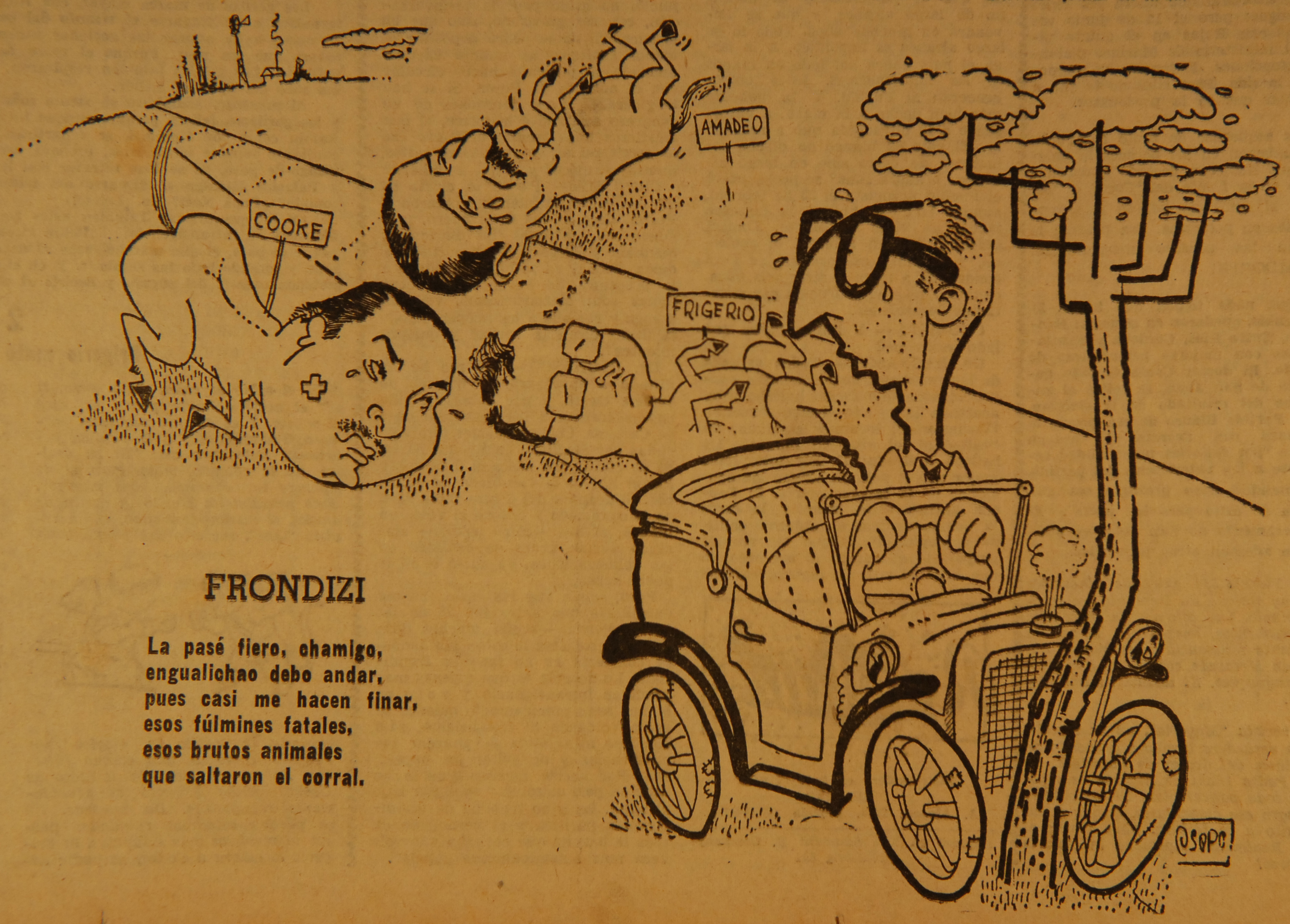 Caricatura Arturo Frondizi  maneja auto, Cooke, Frigerio y Amadeo