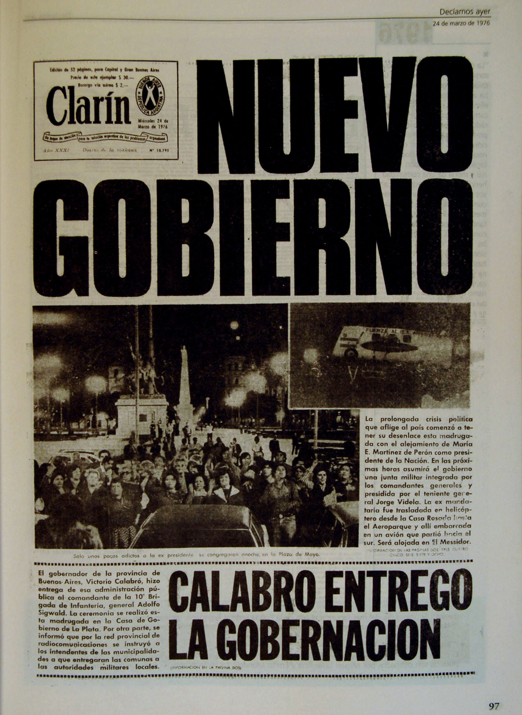 Diario Clarín, 24-3-1976. "Nuevo Gobierno". Golpe de 1976