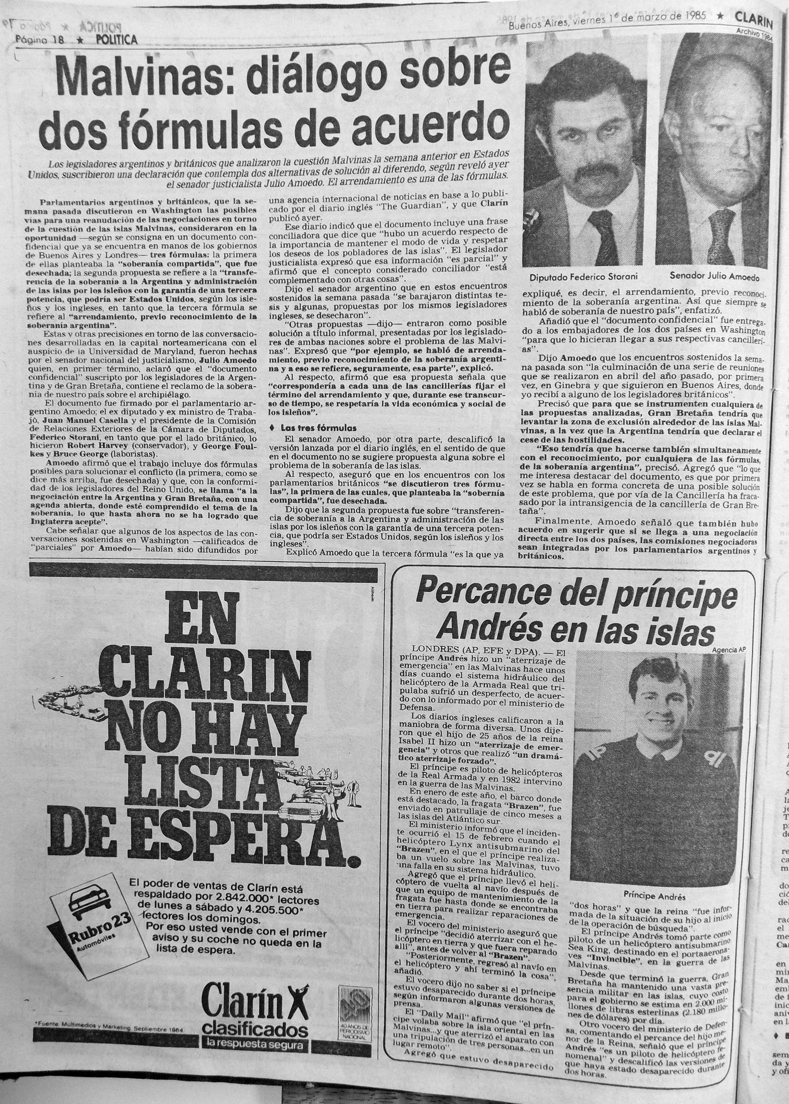 Diálogo por Malvinas, Clarín, 1/03/1985.
