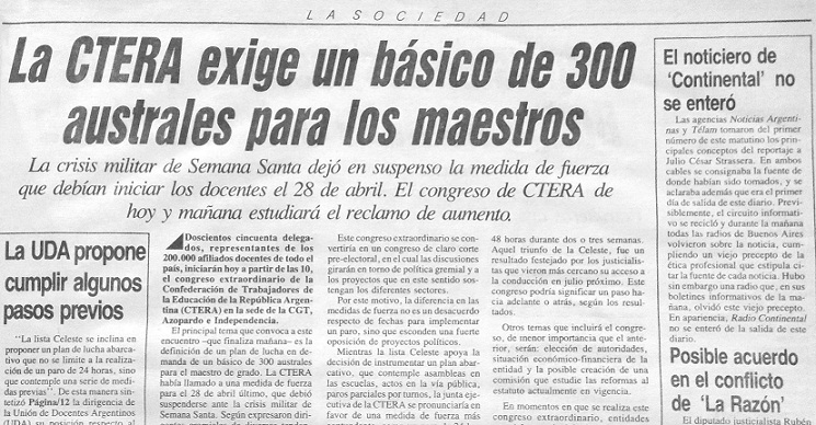 La CTERA exige un básico de 300 australes para los maestros