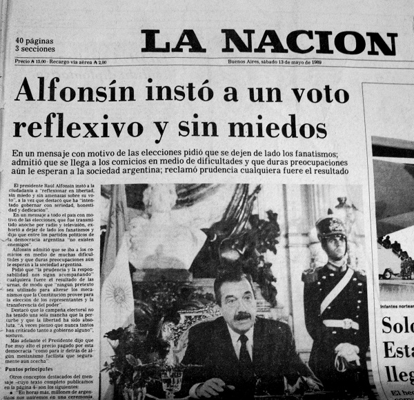 Tapa de La Nación 13/05/1989.